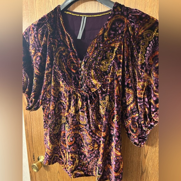 Anthropologie Puff-Sleeve Velour Peasant Paisley Blouse - Picture 5 of 13